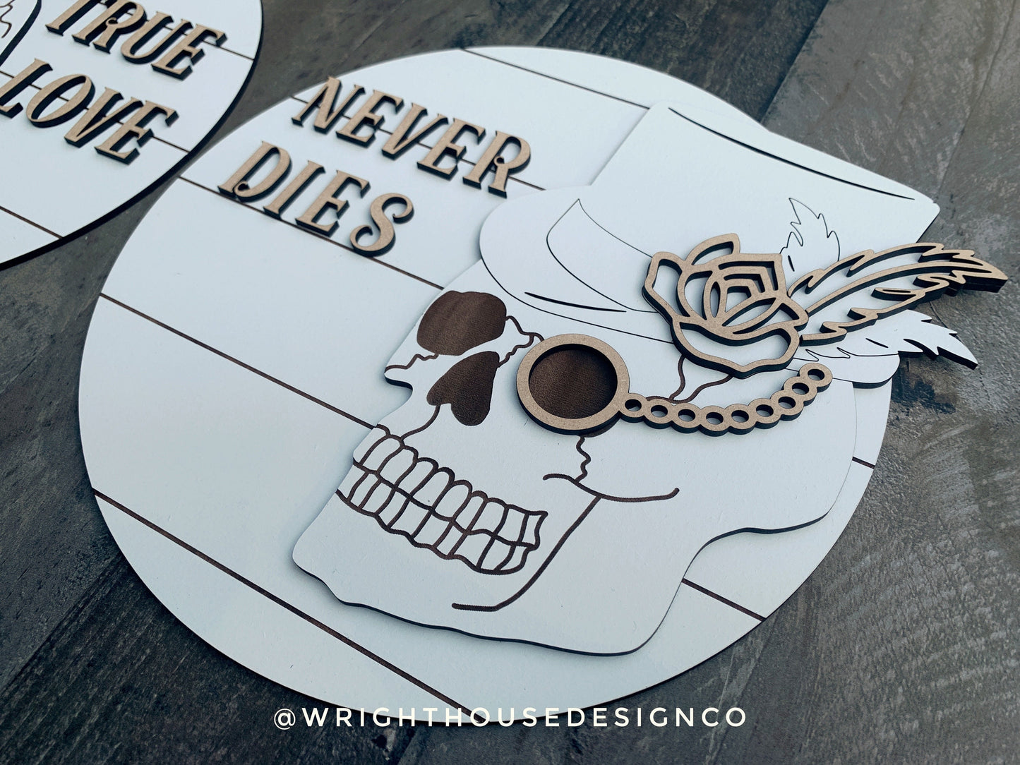 Steampunk Skulls True Love Never Dies Halloween Rounds - Seasonal Sign Making and DIY Kits - Cut File For Glowforge Laser - Digital SVG File
