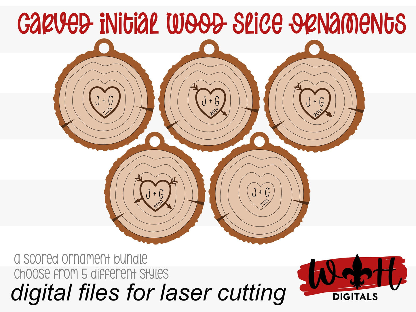 Carved Initial Wood Slice Rustic Christmas Ornaments - Score and Engraved Personalizable - Cut File For Glowforge Lasers - Digital SVG File