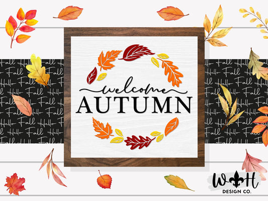 Welcome Autumn - Wooden Coffee Bar Sign - Cottagecore Fall Foliage - Country Farmhouse Home and Kitchen Decor - Seasonal Framed Wall Art