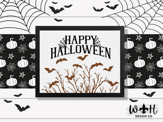 Happy Halloween - Spooky Tree and Bats - Witchy Home Decor - Seasonal Coffee Bar Sign - Dark Academia Decor - Goth Wall Art - Halloween Sign