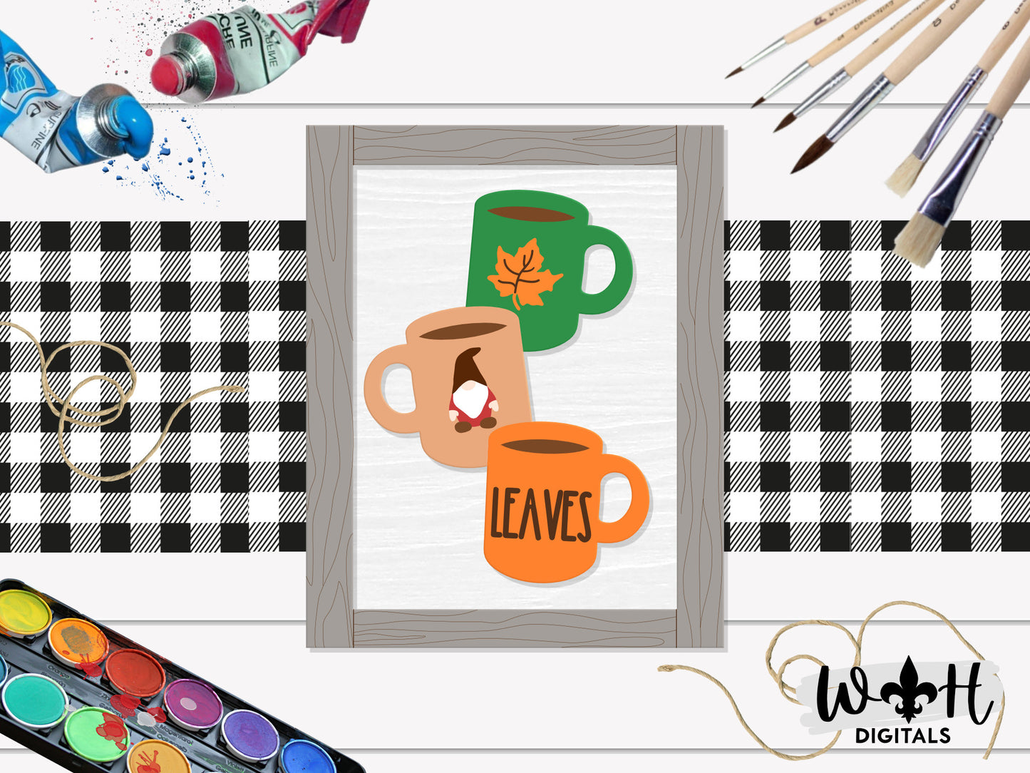 Leaves Stacked Coffee Mugs Farmhouse Frame Sign - Autumn Tiered Tray Decor and DIY Kits - Cut File For Glowforge Lasers - Digital SVG File