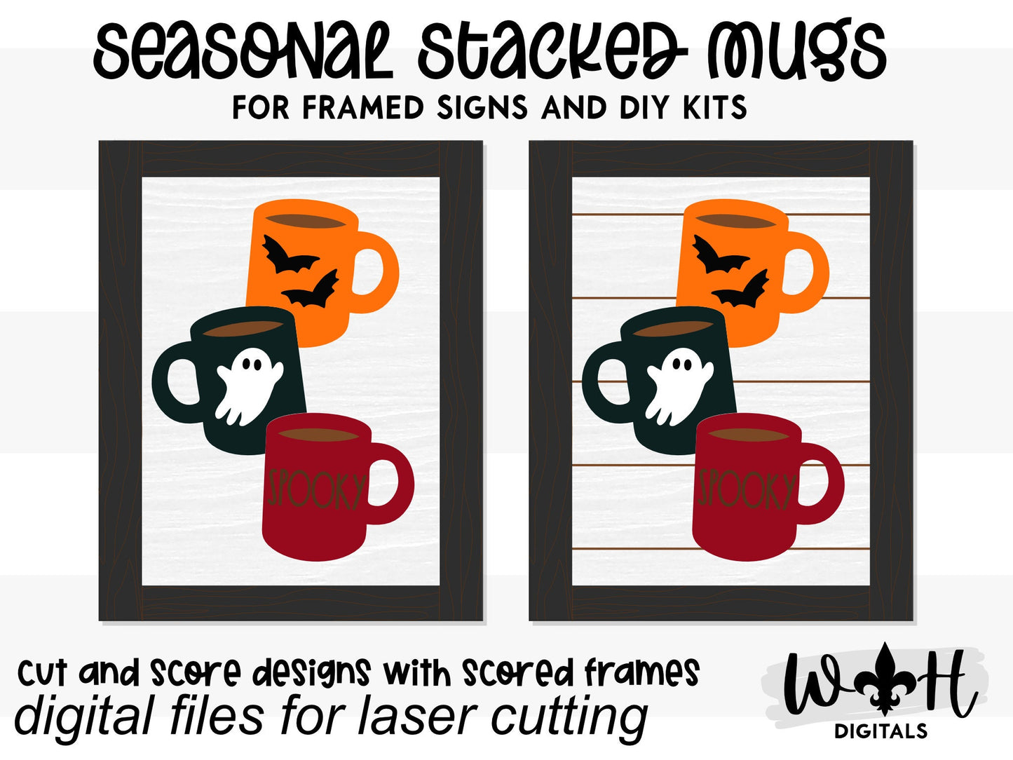 Spooky Stacked Coffee Mugs Farmhouse Frame Sign - Halloween Tiered Tray Decor and DIY Kits - Cut File For Glowforge Laser - Digital SVG File
