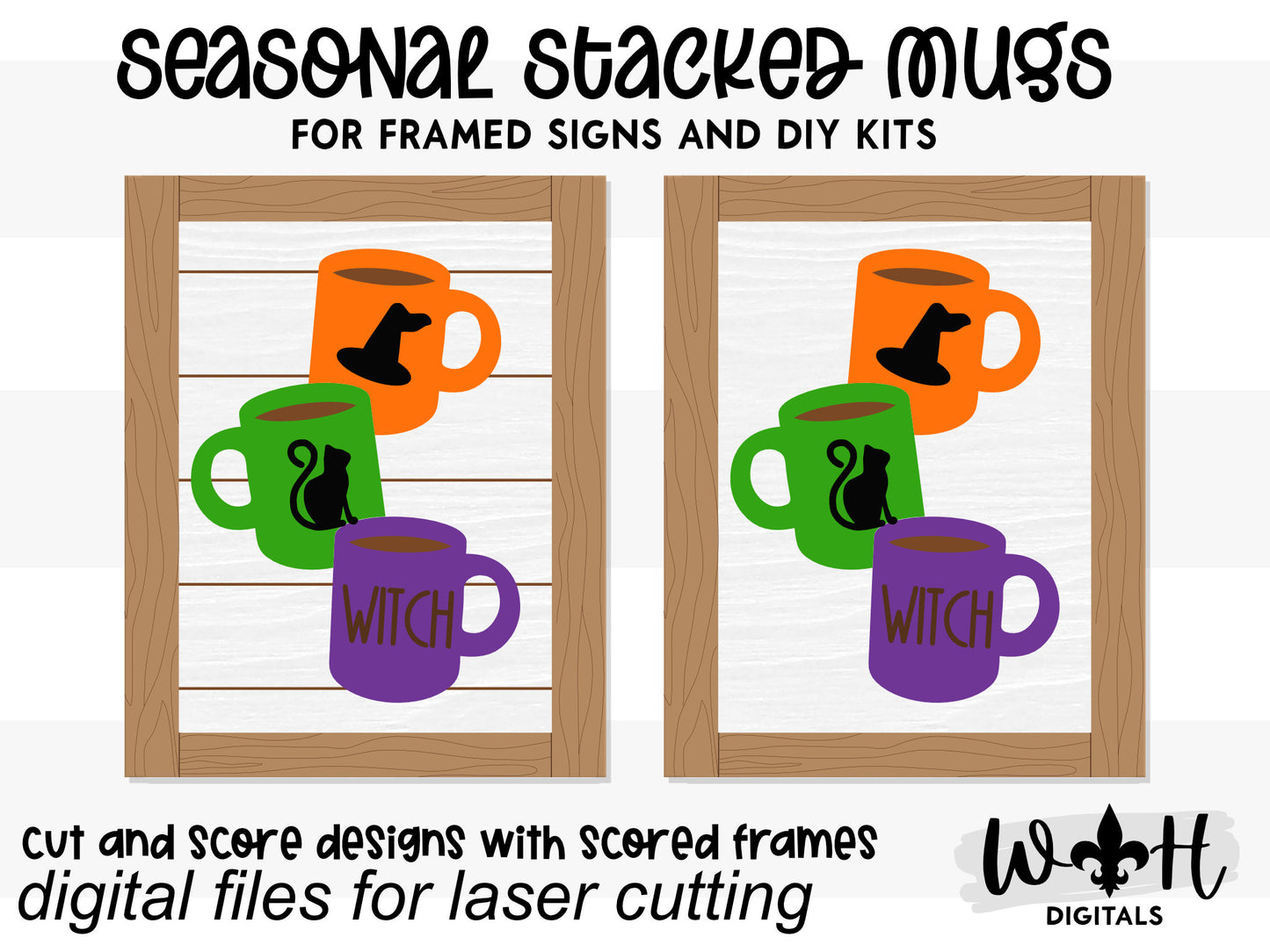 Witch Stacked Coffee Mugs Farmhouse Frame Sign - Halloween Tiered Tray Decor and DIY Kits - Cut File For Glowforge Lasers - Digital SVG File