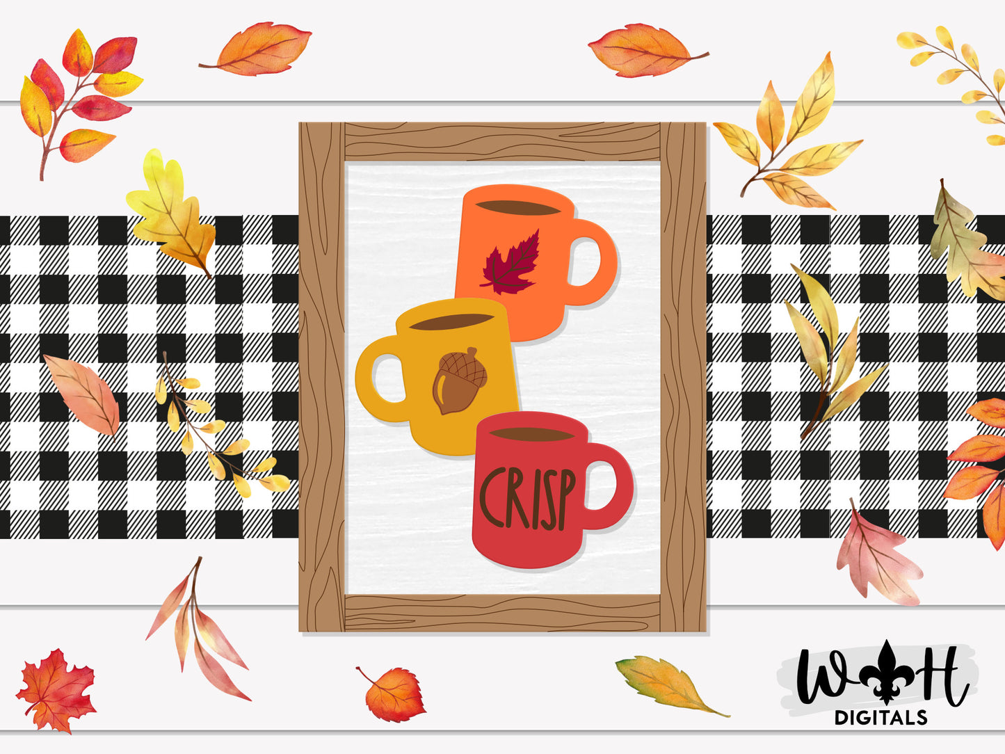 Crisp Stacked Coffee Mugs Farmhouse Frame Sign - Autumn Tiered Tray Decor and DIY Kits - Cut File For Glowforge Lasers - Digital SVG File