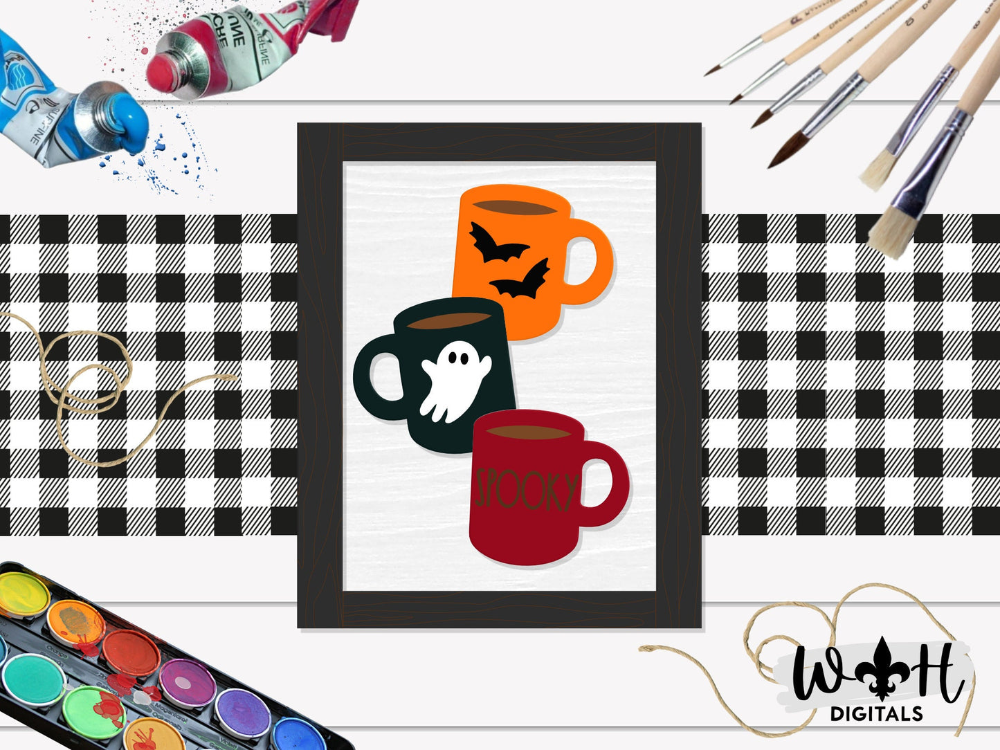 Spooky Stacked Coffee Mugs Farmhouse Frame Sign - Halloween Tiered Tray Decor and DIY Kits - Cut File For Glowforge Laser - Digital SVG File