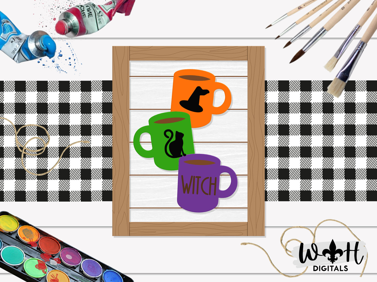 Witch Stacked Coffee Mugs Farmhouse Frame Sign - Halloween Tiered Tray Decor and DIY Kits - Cut File For Glowforge Lasers - Digital SVG File