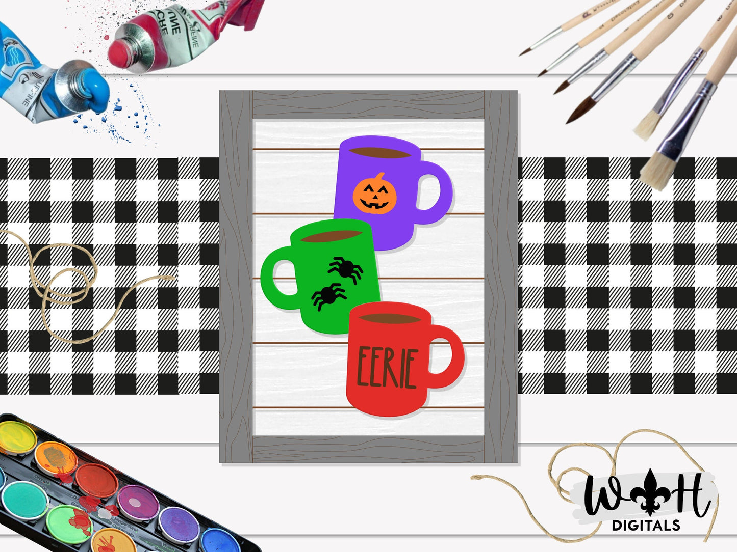 Eerie Stacked Coffee Mugs Farmhouse Frame Sign - Halloween Tiered Tray Decor and DIY Kits - Cut File For Glowforge Lasers - Digital SVG File