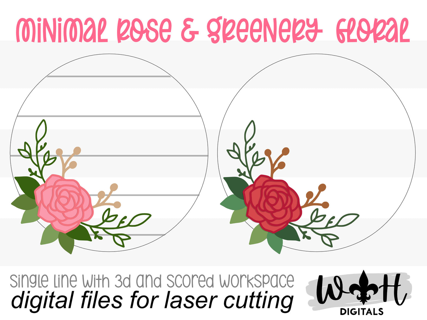Minimal Rose and Greenery Door Hanger - Spring Floral Sign Making and DIY Kits - Single Line Cut File For Glowforge Laser - Digital SVG File
