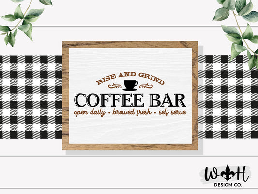 Rise and Grind Coffee Bar - Open Daily, Brewed Fresh - Wood Coffee Bar Sign - Country Farmhouse Home and Kitchen Wall Decor - Entryway Sign