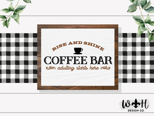Rise and Shine Adulting Starts Here - Funny Coffee Bar Sign - Country Farmhouse Home and Kitchen Decor - Handcrafted Wooden Framed Wall Art