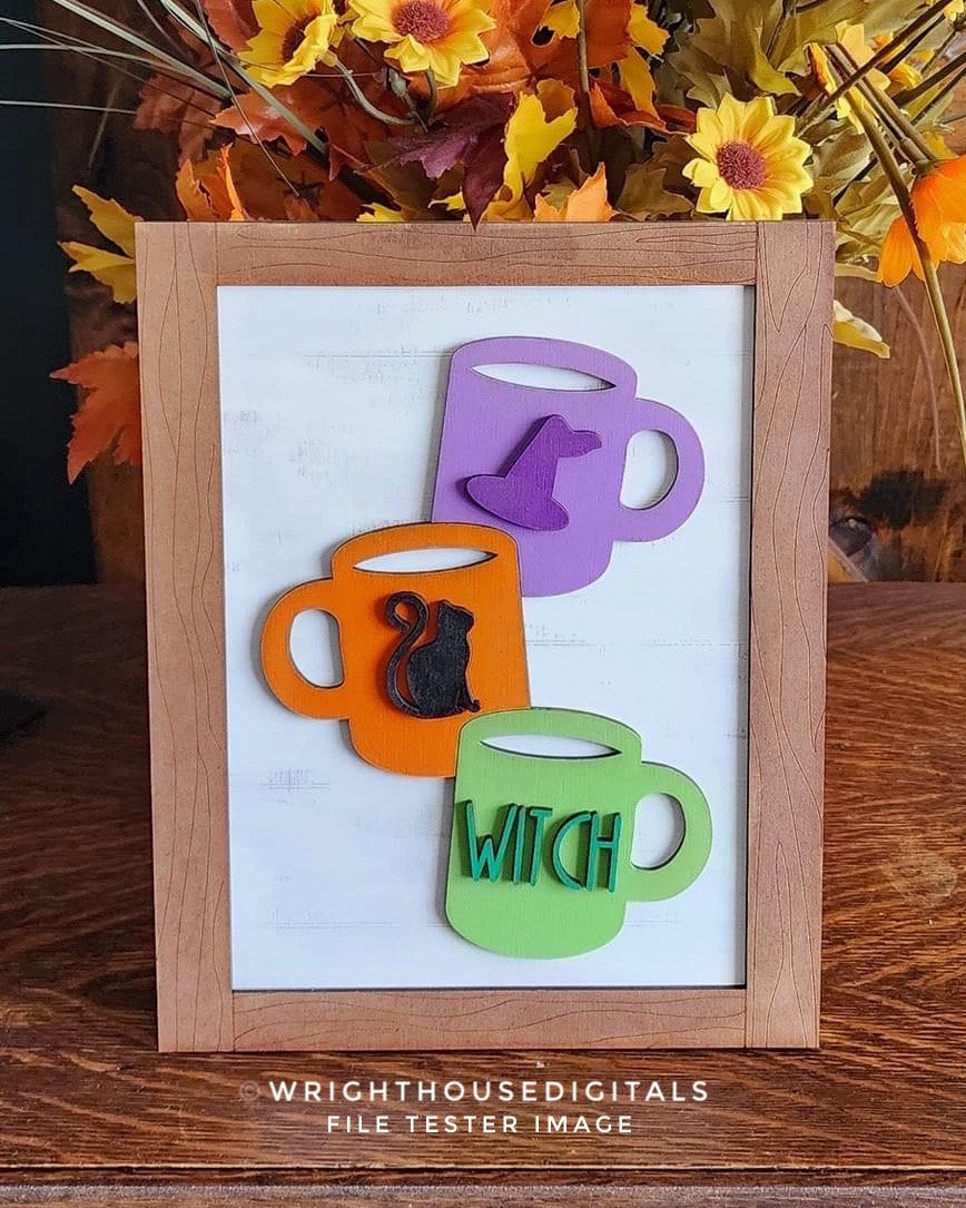 Witch Stacked Coffee Mugs Farmhouse Frame Sign - Halloween Tiered Tray Decor and DIY Kits - Cut File For Glowforge Lasers - Digital SVG File
