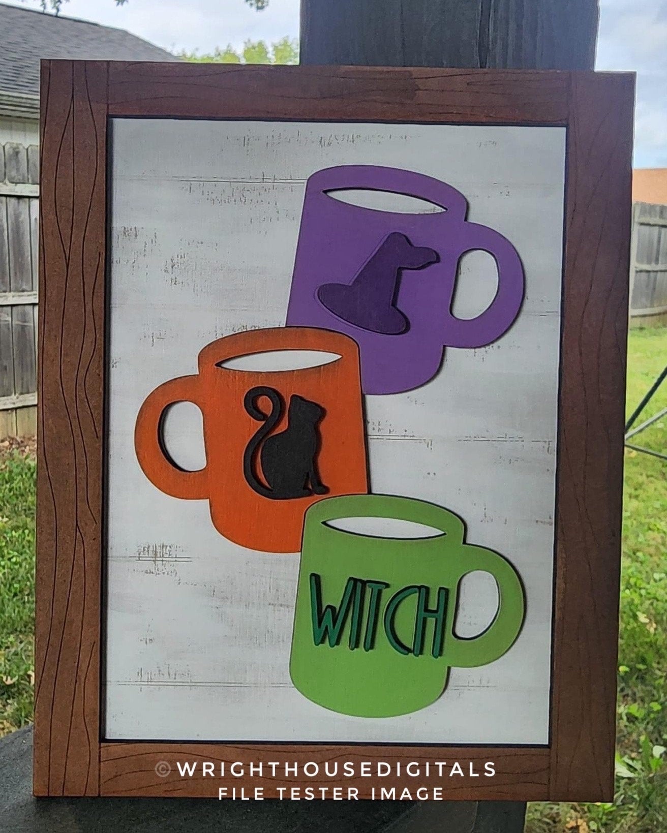 Witch Stacked Coffee Mugs Farmhouse Frame Sign - Halloween Tiered Tray Decor and DIY Kits - Cut File For Glowforge Lasers - Digital SVG File