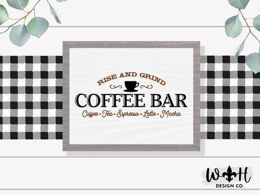 Rise and Grind - Tea, Latte, Coffee Bar Sign - Farmhouse Home and Kitchen Decor - Handcrafted Wooden Framed Wall Art - Laser Cut Wood Signs