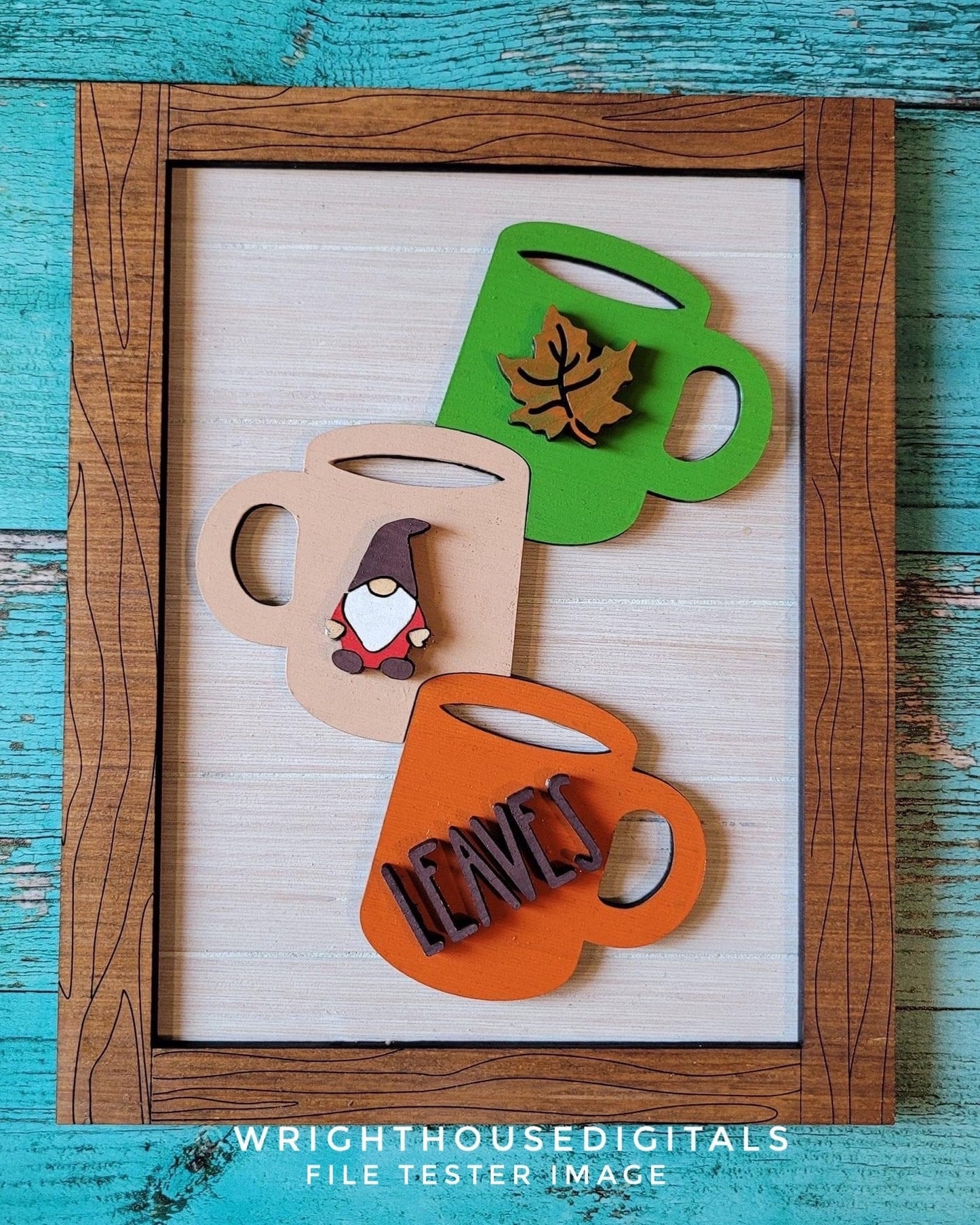 Leaves Stacked Coffee Mugs Farmhouse Frame Sign - Autumn Tiered Tray Decor and DIY Kits - Cut File For Glowforge Lasers - Digital SVG File