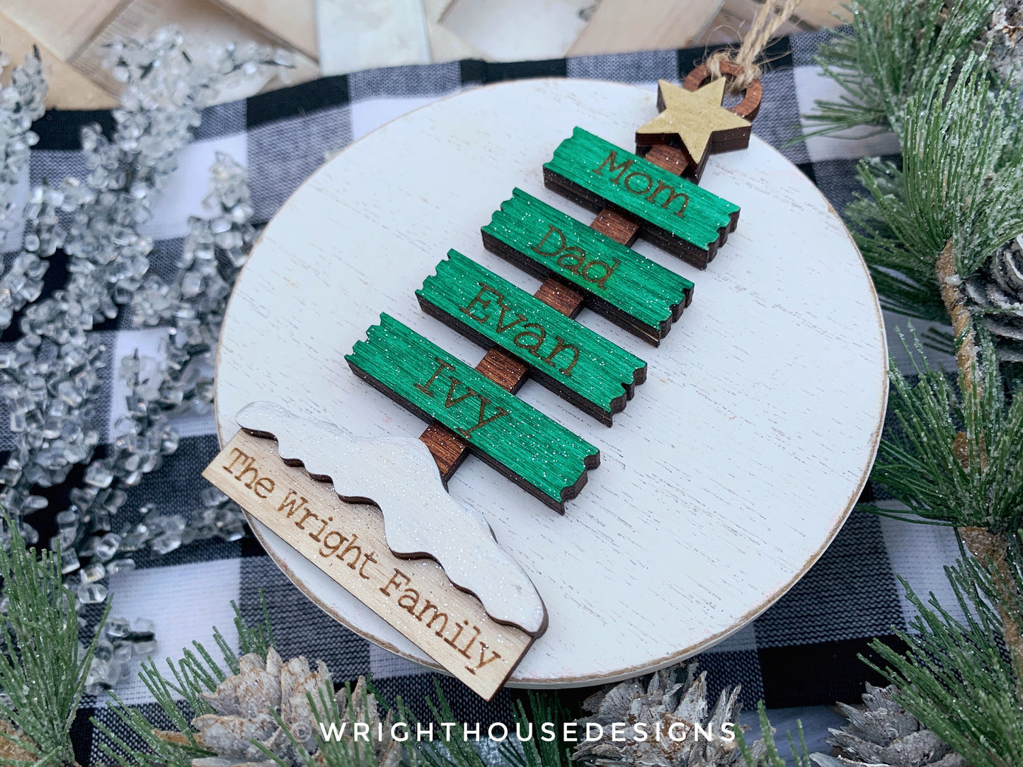 Christmas Plank Pine Tree Bundle - Personalizable Family Name Ornaments and Stocking Tags - Cut File For Glowforge Lasers - Digital SVG File