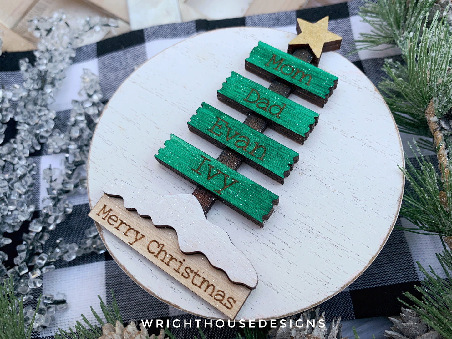 Christmas Plank Pine Tree Bundle - Personalizable Family Name Ornaments and Stocking Tags - Cut File For Glowforge Lasers - Digital SVG File