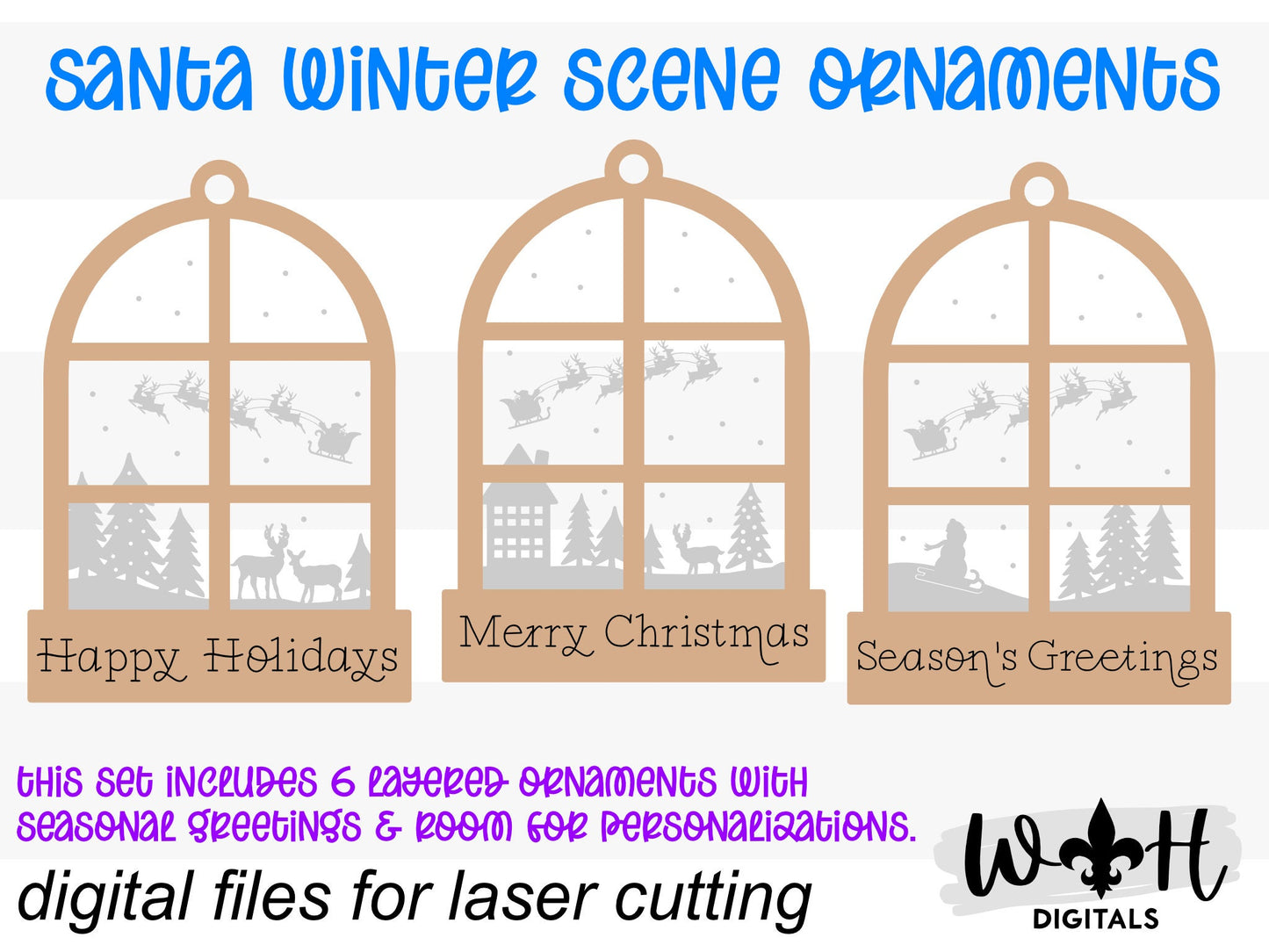 Santa's Winter Scene Layered Window Ornament Set - Engraved Personalized Christmas Ornaments - Cut File For Glowforge - Digital SVG File