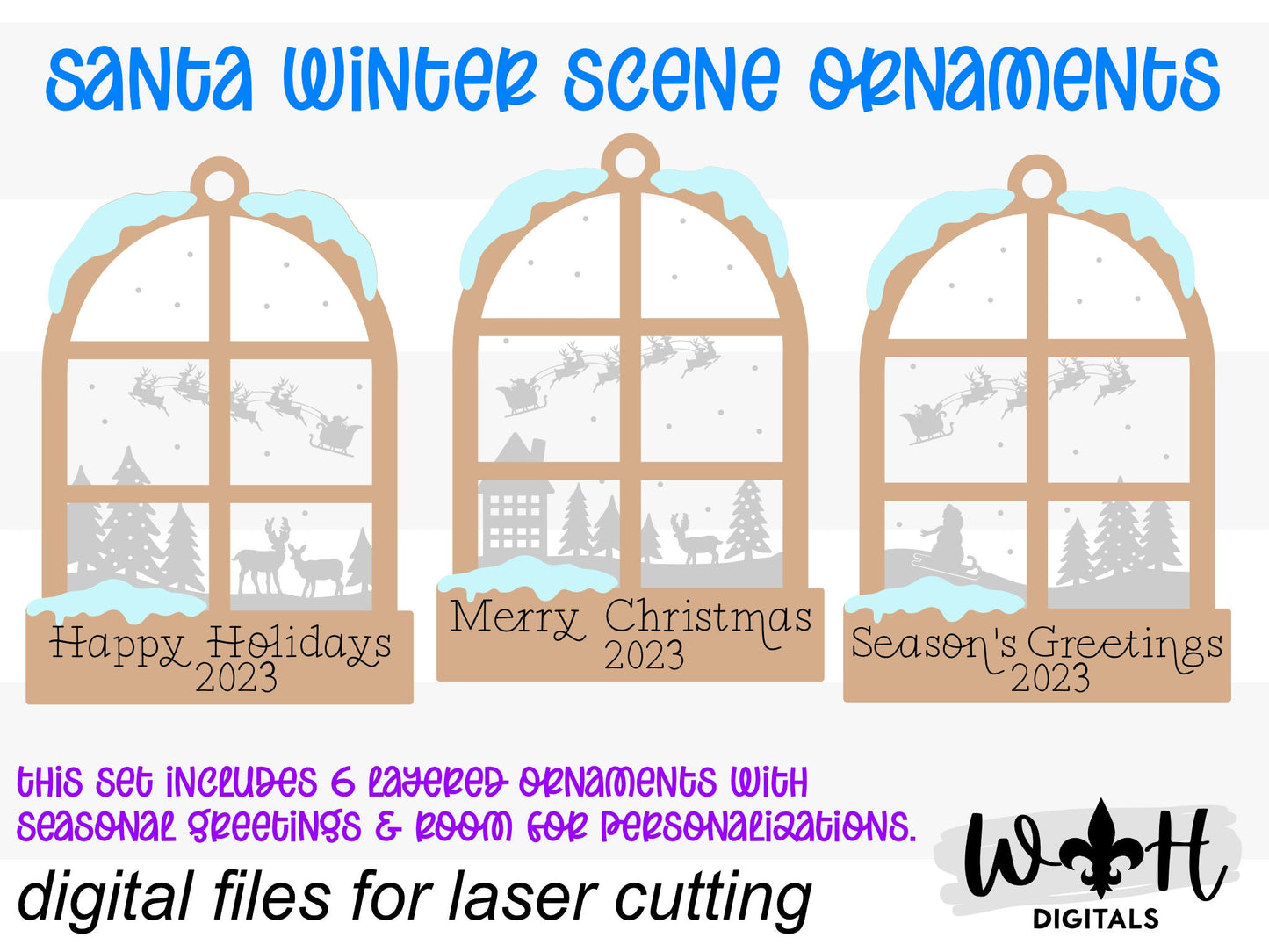 Santa's Winter Scene Layered Window Ornament Set - Engraved Personalized Christmas Ornaments - Cut File For Glowforge - Digital SVG File