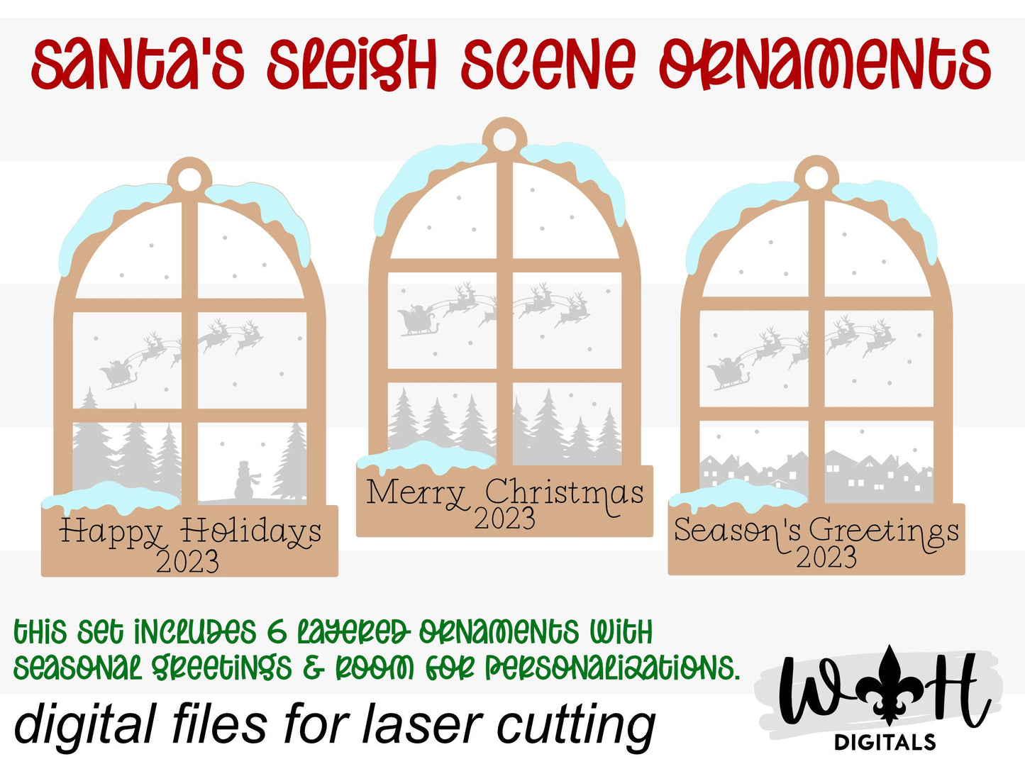 Santa's Sleigh Scene Layered Window Ornament Set - Engraved Personalized Christmas Ornaments - Cut File For Glowforge - Digital SVG File