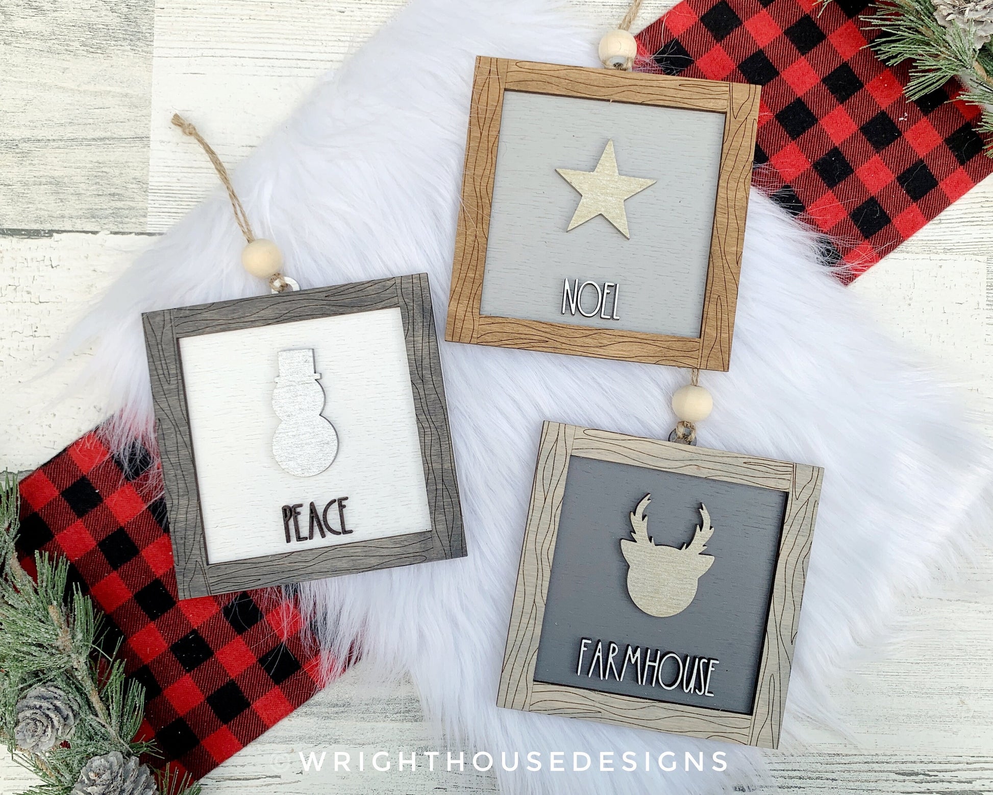 Farmhouse Frame Ornaments - Layered Christmas Square Signs - Winter Tier Tray Decor - Cut File For Glowforge Lasers - Digital SVG File