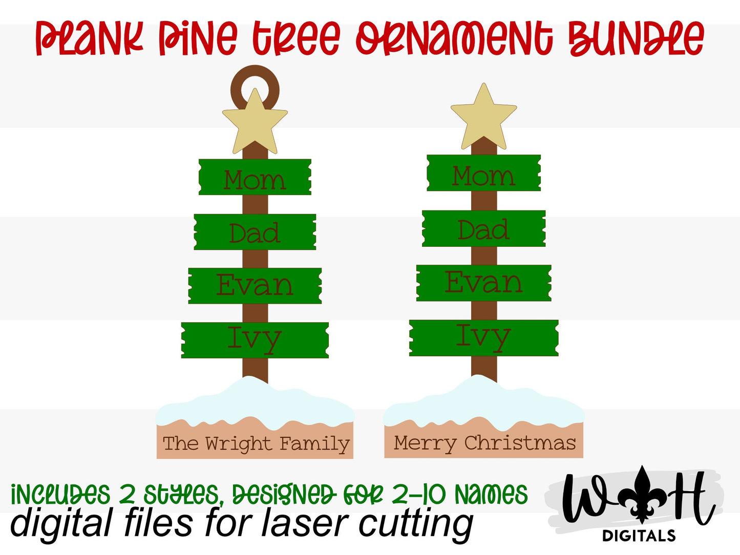 Christmas Plank Pine Tree Bundle - Personalizable Family Name Ornaments and Stocking Tags - Cut File For Glowforge Lasers - Digital SVG File