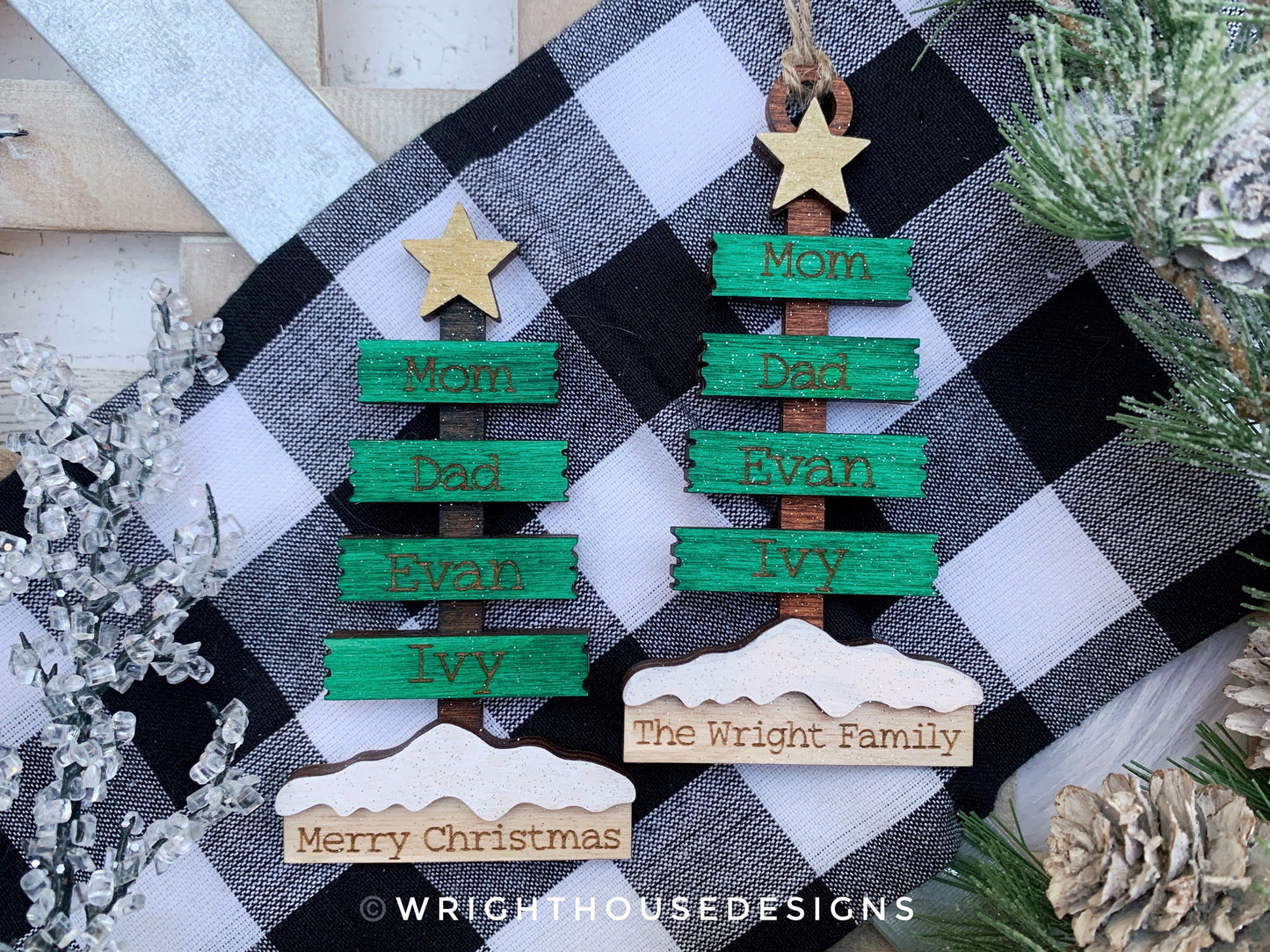 Christmas Plank Pine Tree Bundle - Personalizable Family Name Ornaments and Stocking Tags - Cut File For Glowforge Lasers - Digital SVG File