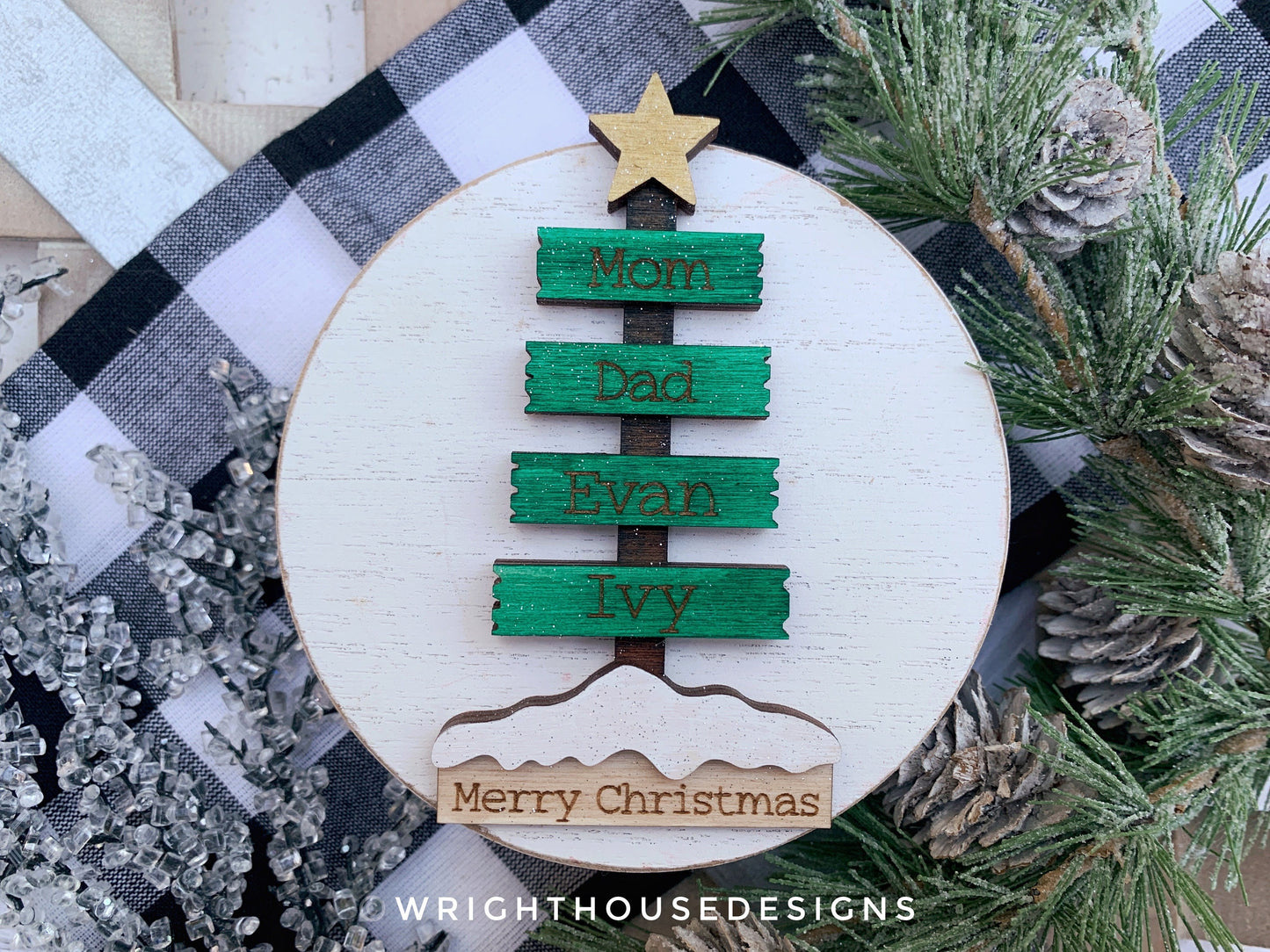 Christmas Plank Pine Tree Bundle - Personalizable Family Name Ornaments and Stocking Tags - Cut File For Glowforge Lasers - Digital SVG File
