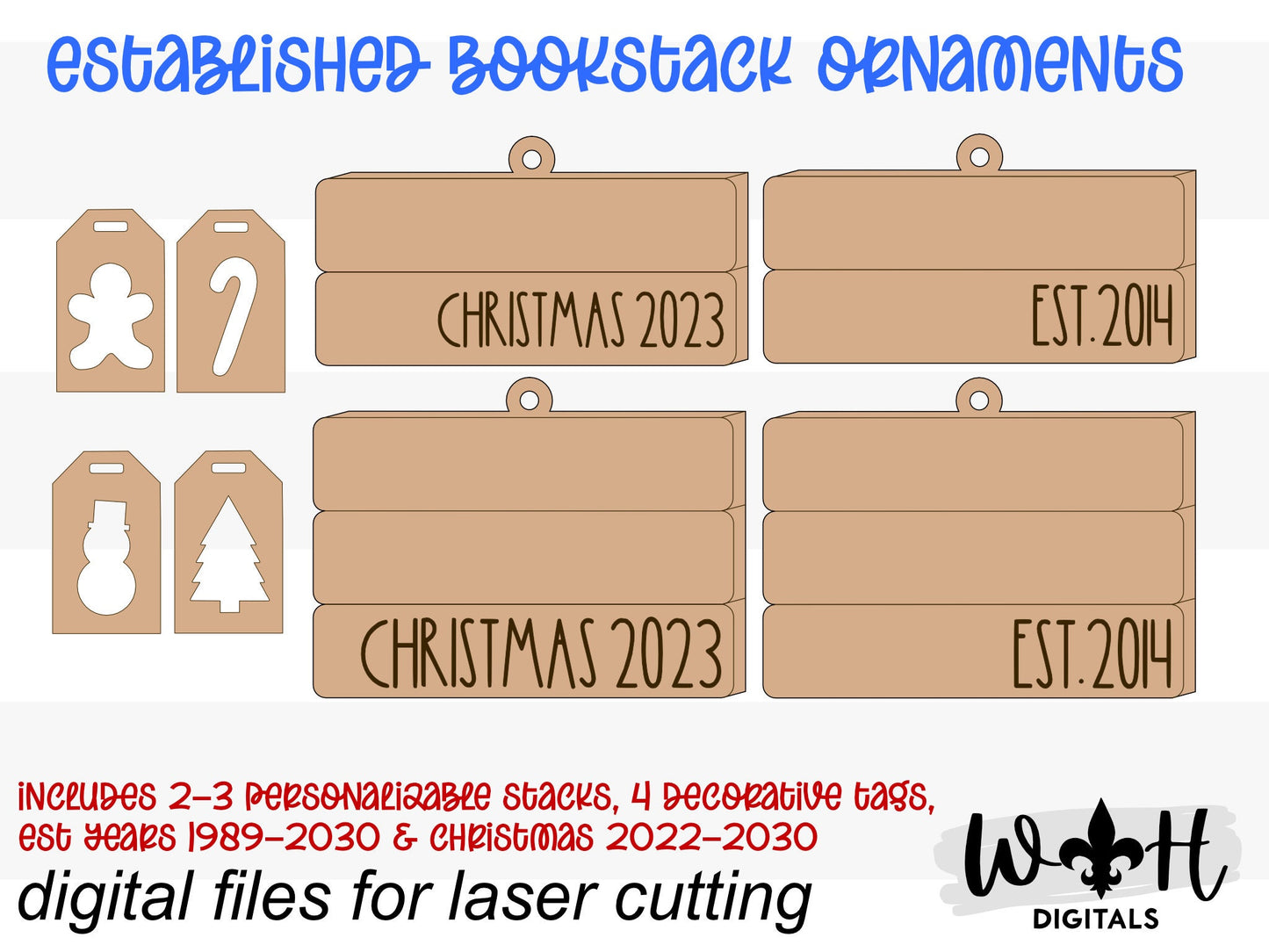 Established Bookstack Ornaments - Personalizable Family Name Ornaments and Stocking Tags - Cut File For Glowforge Lasers - Digital SVG File