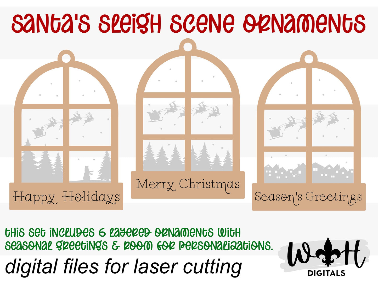 Santa's Sleigh Scene Layered Window Ornament Set - Engraved Personalized Christmas Ornaments - Cut File For Glowforge - Digital SVG File