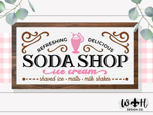 Summer Soda Shop - Ice Cream - Milkshakes - Coffee Bar Sign - Seasonal Farmhouse Home and Kitchen Decor - Handcrafted Wooden Framed Wall Art