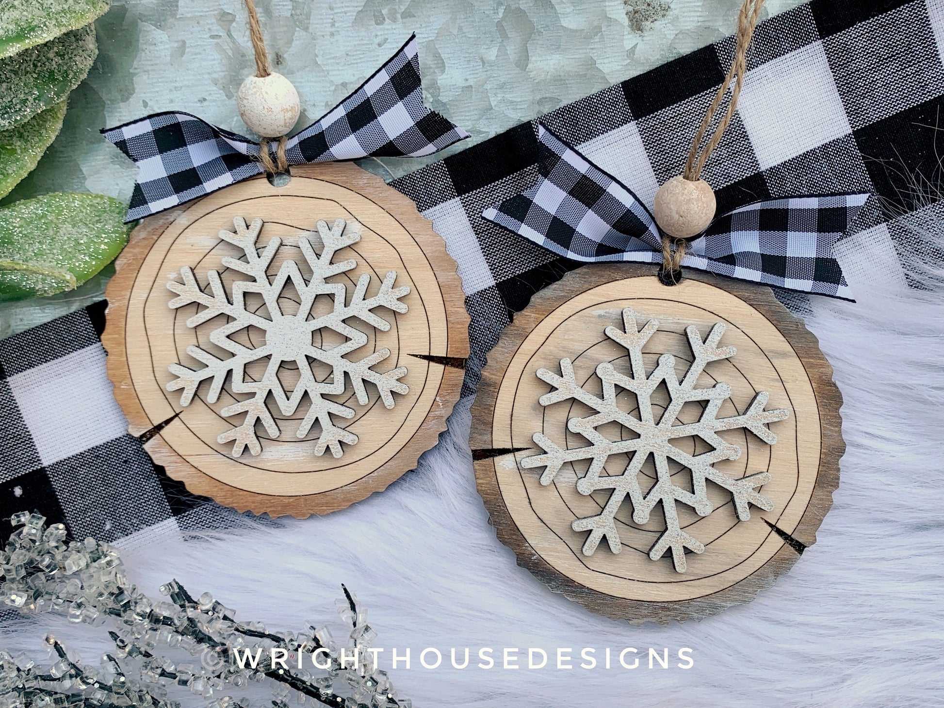 Rustic Snowflake Wood Slices - Layered Christmas Ornament Bundle - Quick Cut and Score File For Glowforge Lasers - Digital SVG File