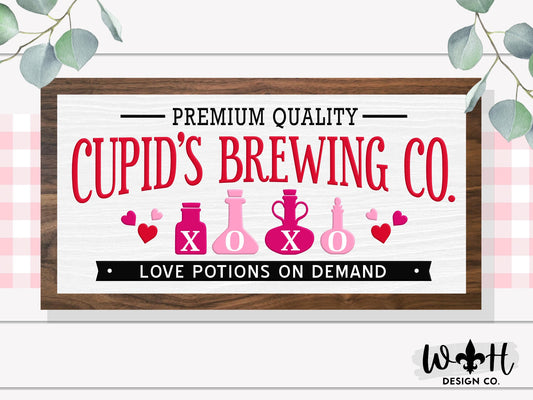 Cupid’s Brewing Co Love Potions - Valentine’s Day Console Table and Coffee Bar Sign - Spring Cottagecore Seasonal Wooden Framed Wall Art