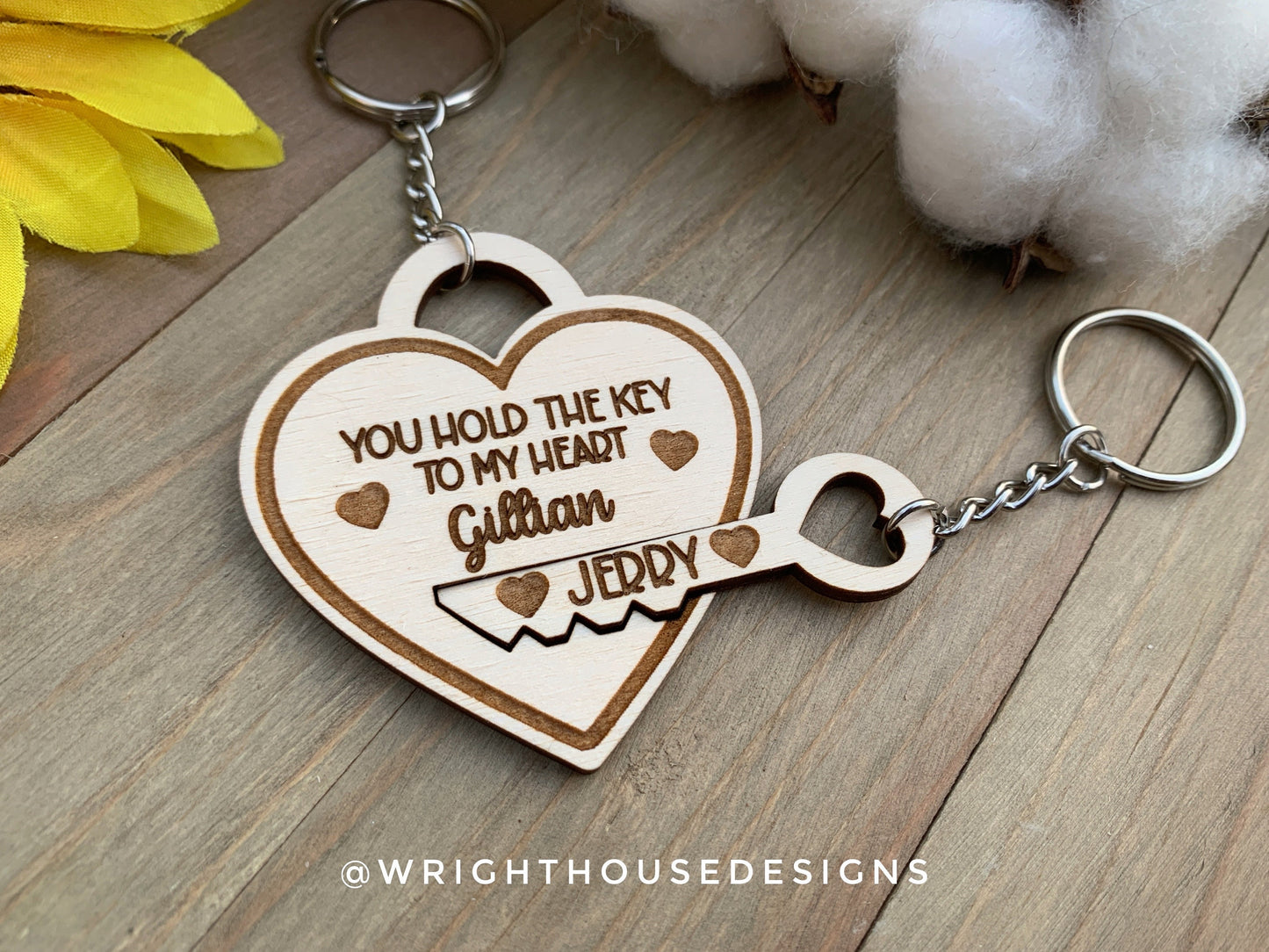 You Hold The Key To My Heart - Personalized Locket and Key Wooden Keychains For Couples On Valentine’s Day