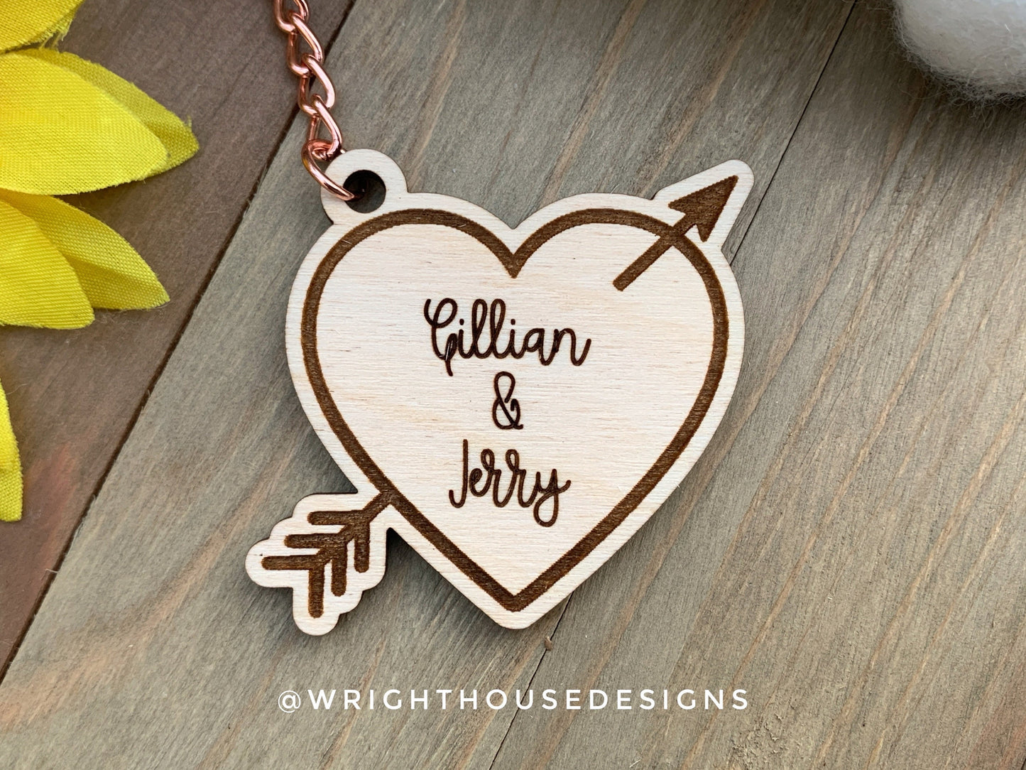 Personalized Couples Heart & Arrow Wooden Keychain For Valentine’s Day