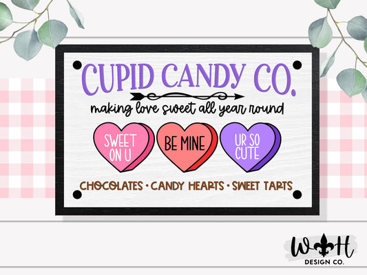 Cupid Candy Co Candy Hearts and Sweet Tarts - Valentine’s Day Console Table and Coffee Bar Sign - Spring Seasonal Wooden Framed Wall Art
