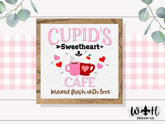 Cupid's Sweetheart Cafe, Brewed With Love - Valentine’s Day Console Table and Coffee Bar Sign - Spring Seasonal Wooden Framed Wall Art