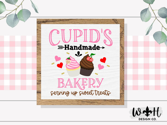 Cupid's Handmade Bakery, Brewed With Love - Valentine’s Day Console Table and Coffee Bar Sign - Spring Seasonal Wooden Framed Wall Art