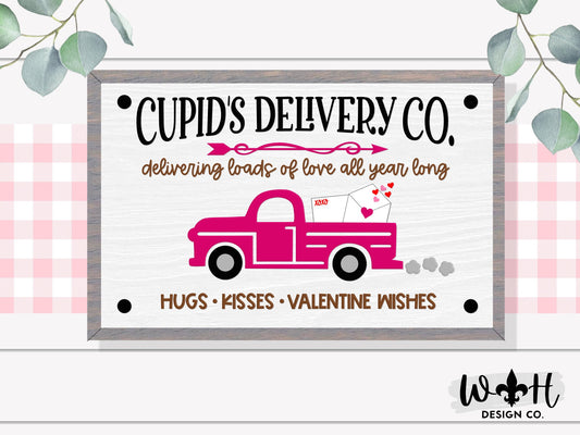Cupid's Delivery Co, Hugs Kisses Valentine Wishes - Valentine’s Day Coffee Bar and Entryway Sign - Spring Seasonal Wooden Framed Wall Art