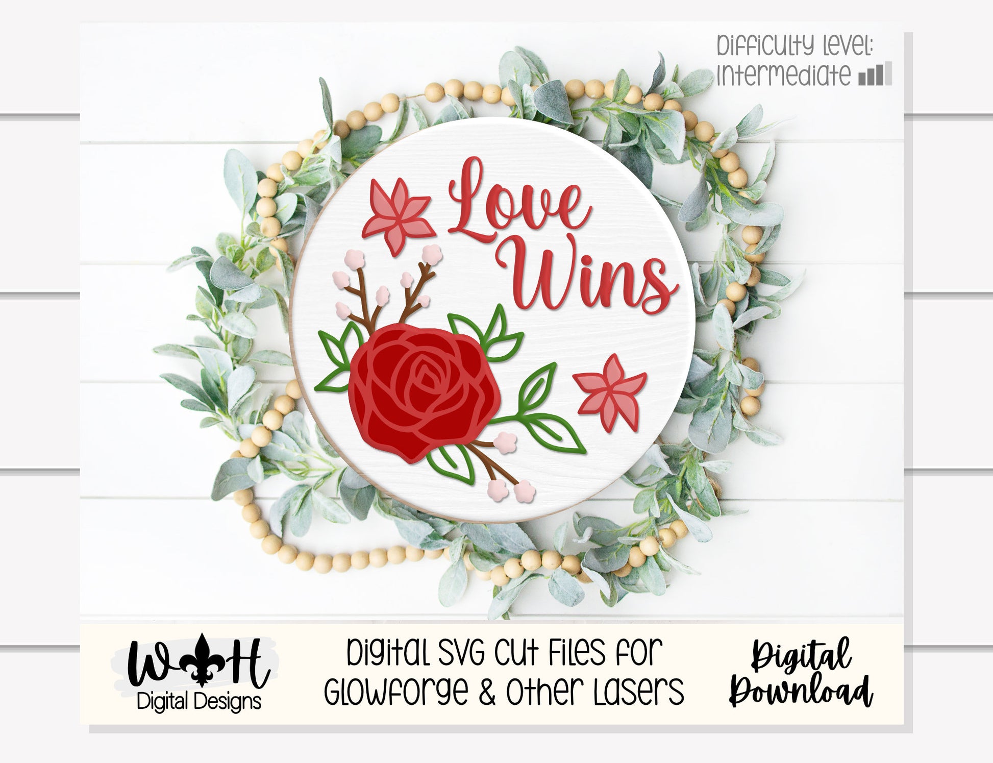 Love Wins Rose Valentines Round Sign - Spring Floral Sign Making and DIY Kits - Single Line Cut File For Glowforge Laser - Digital SVG File
