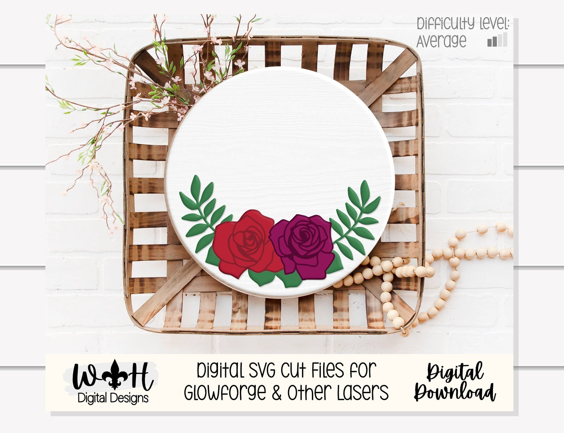 Cottagecore Roses and Greenery Door Hanger - Spring Floral Sign Making and DIY Kits - Cut File For Glowforge Laser - Digital SVG File