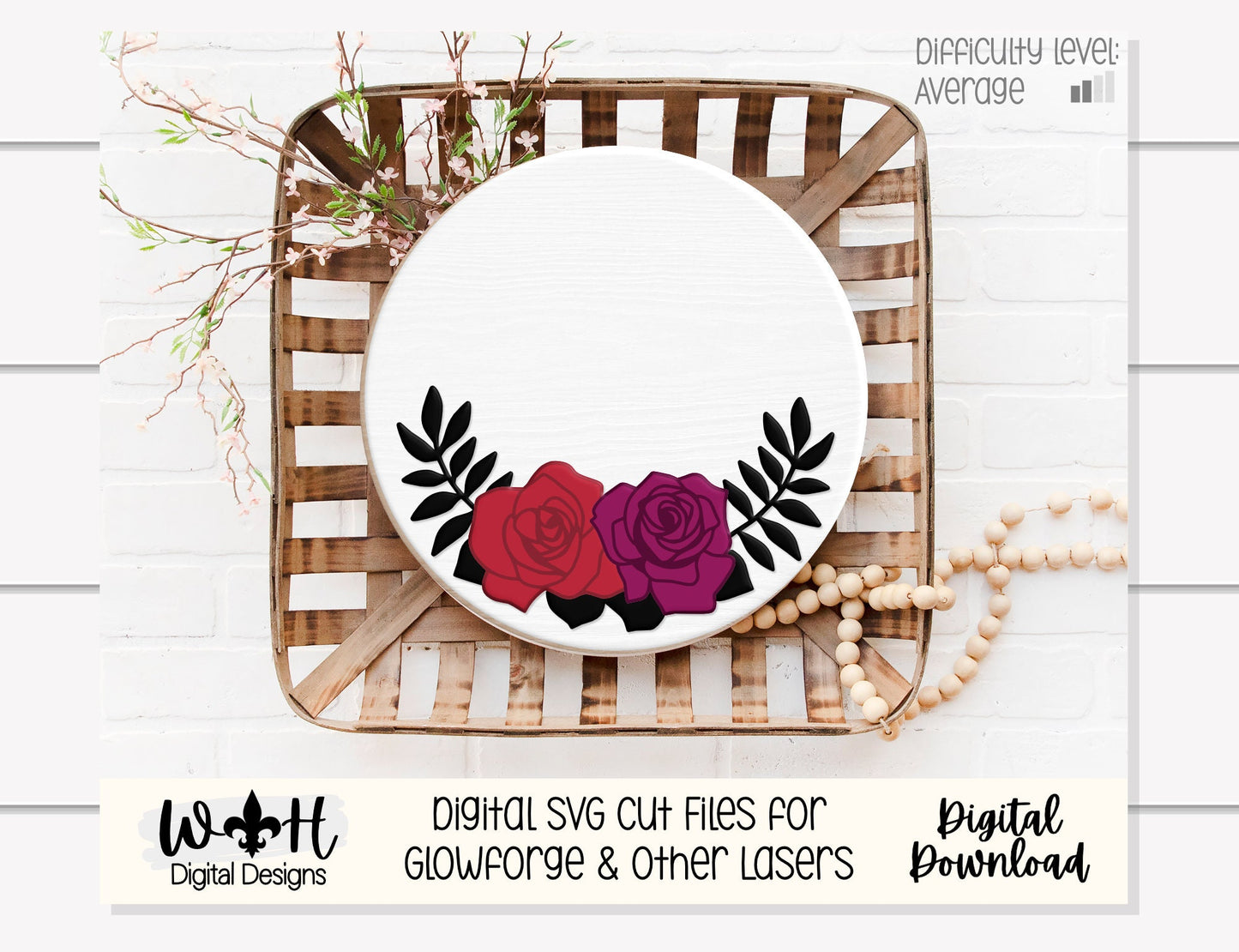 Cottagecore Roses and Greenery Door Hanger - Spring Floral Sign Making and DIY Kits - Cut File For Glowforge Laser - Digital SVG File