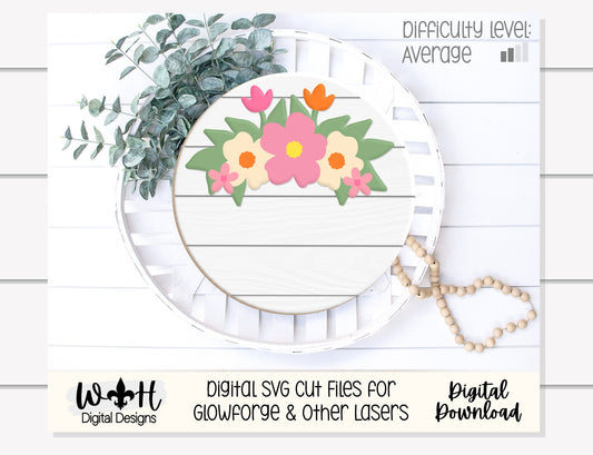 Shelly Wildflowers Shelf Sitter Round - Spring Floral Sign Making and DIY Kits - Single Line Cut File For Glowforge Laser - Digital SVG File
