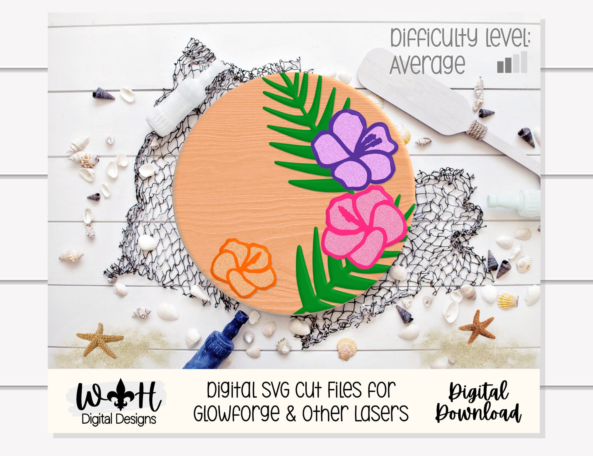 Tropical Hibiscus Palms Summer Door Hanger - Floral Sign Making and DIY Kits - Single Line Cut File For Glowforge Laser - Digital SVG File