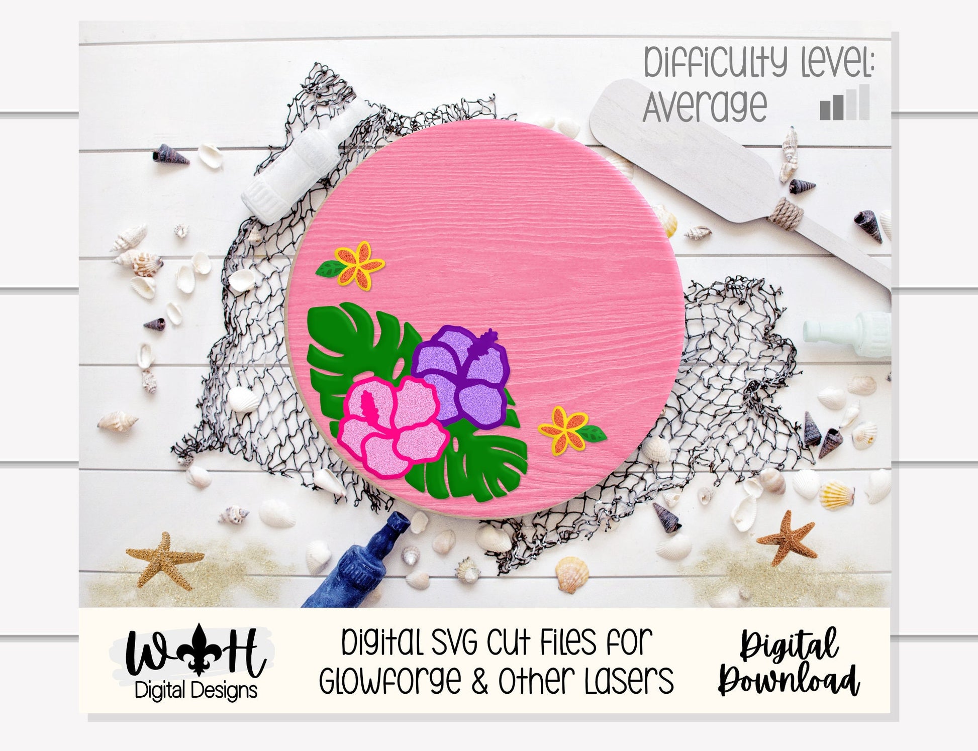 Monstera Hibiscus Plumeria Door Round - Summer Floral Sign Making and DIY Kits - Single Line Cut File For Glowforge Laser - Digital SVG File