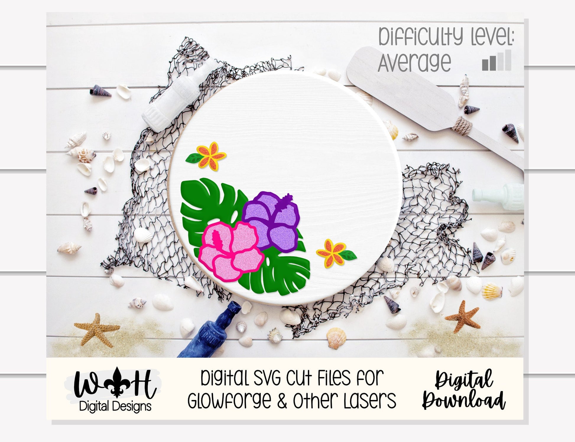 Monstera Hibiscus Plumeria Door Round - Summer Floral Sign Making and DIY Kits - Single Line Cut File For Glowforge Laser - Digital SVG File