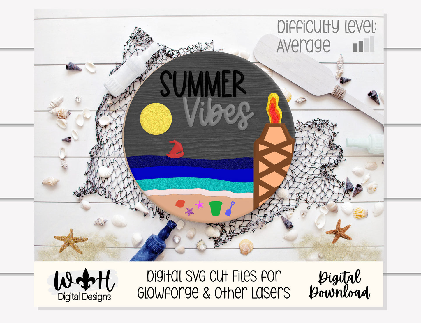 Summer Vibes Tiki Bonfire Beach Door Hanger Round - Sign Making and DIY Kits - Cut File For Glowforge Lasers - Digital SVG File