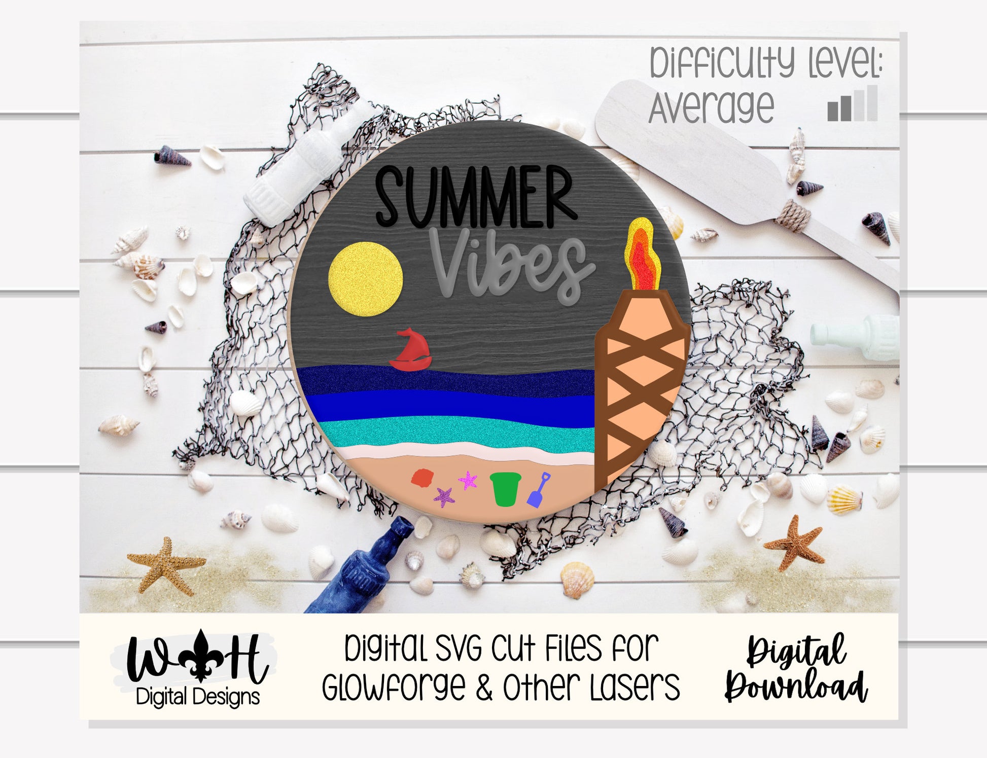 Summer Vibes Tiki Bonfire Beach Door Hanger Round - Sign Making and DIY Kits - Cut File For Glowforge Lasers - Digital SVG File