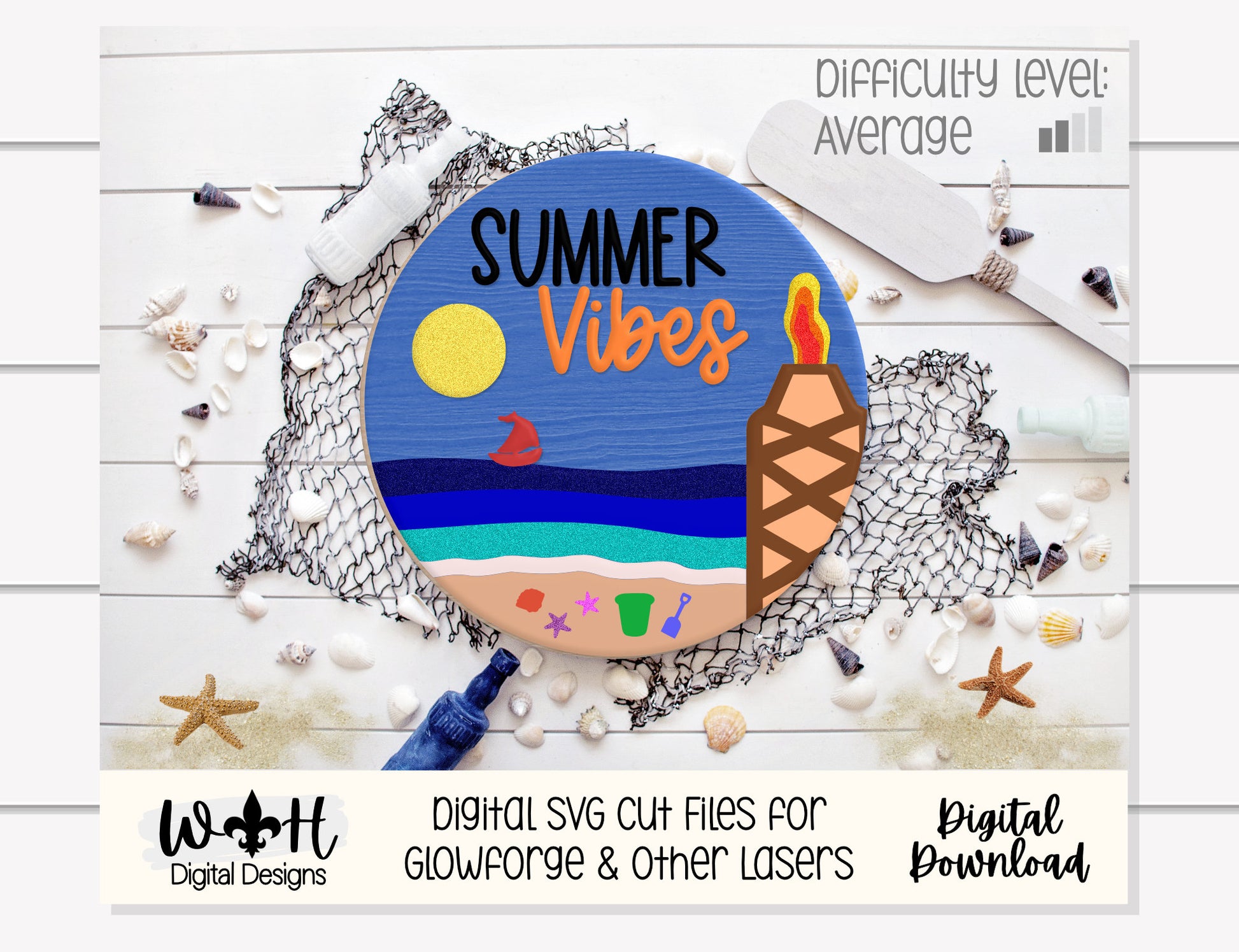 Summer Vibes Tiki Bonfire Beach Door Hanger Round - Sign Making and DIY Kits - Cut File For Glowforge Lasers - Digital SVG File