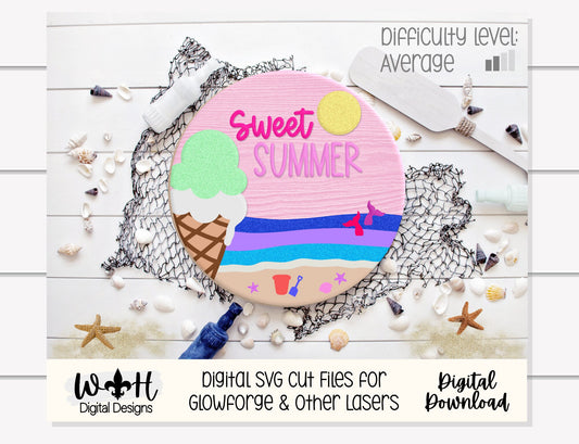Sweet Summer Ice Cream Cone Beach Door Hanger Round - Sign Making and DIY Kits - Cut File For Glowforge Lasers - Digital SVG File