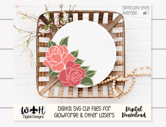 Thin Double Roses Door Hanger - Spring Floral For Sign Making and DIY Kits - Single Line Cut File For Glowforge Laser - Digital SVG File